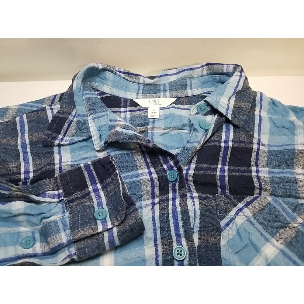 Time &‎ Tru Womens Plaid Flannel Long Sleeve Button Up Shirt Blue Small 4-6